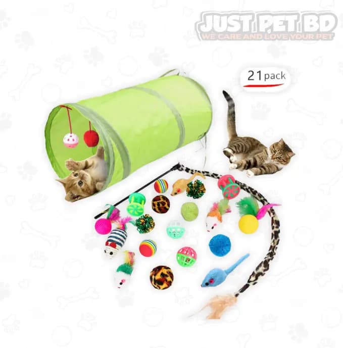 Pet Tunnel Colorful Rainbow Cat Toy Set – 21PCS Kitten Toys Assortment with Tunnel, Balls, Teasers & Interactive Cat Toys