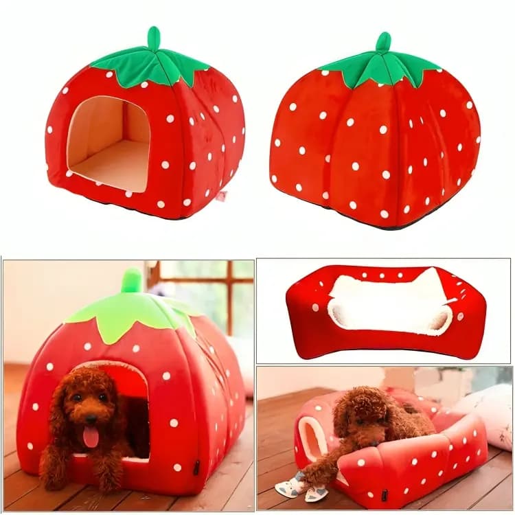 Premium Soft Strawberry Pet House for Cats & Small Dogs – Foldable Winter Warm Bed with Removable Cushion