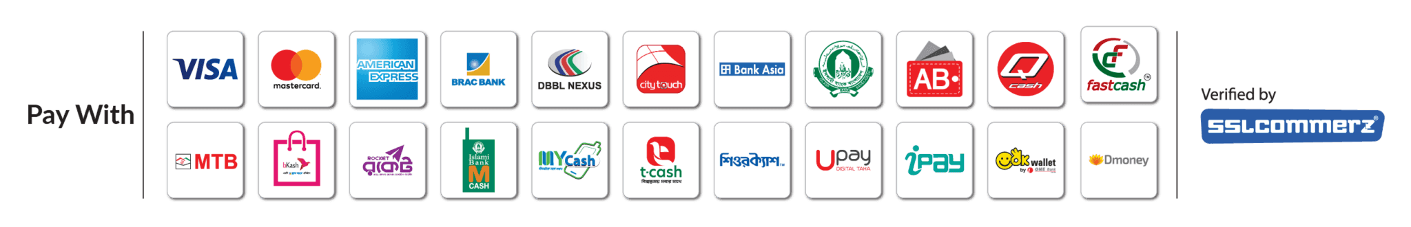 Pay with VISA, Mastercard, bKash, Rocket, and more. Verified by SSLcommerz.